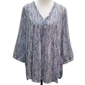 Rose + Olive Georgette Romantic Feminine Floral Smocked Tunic Sz 1X 3/4 Sleeve